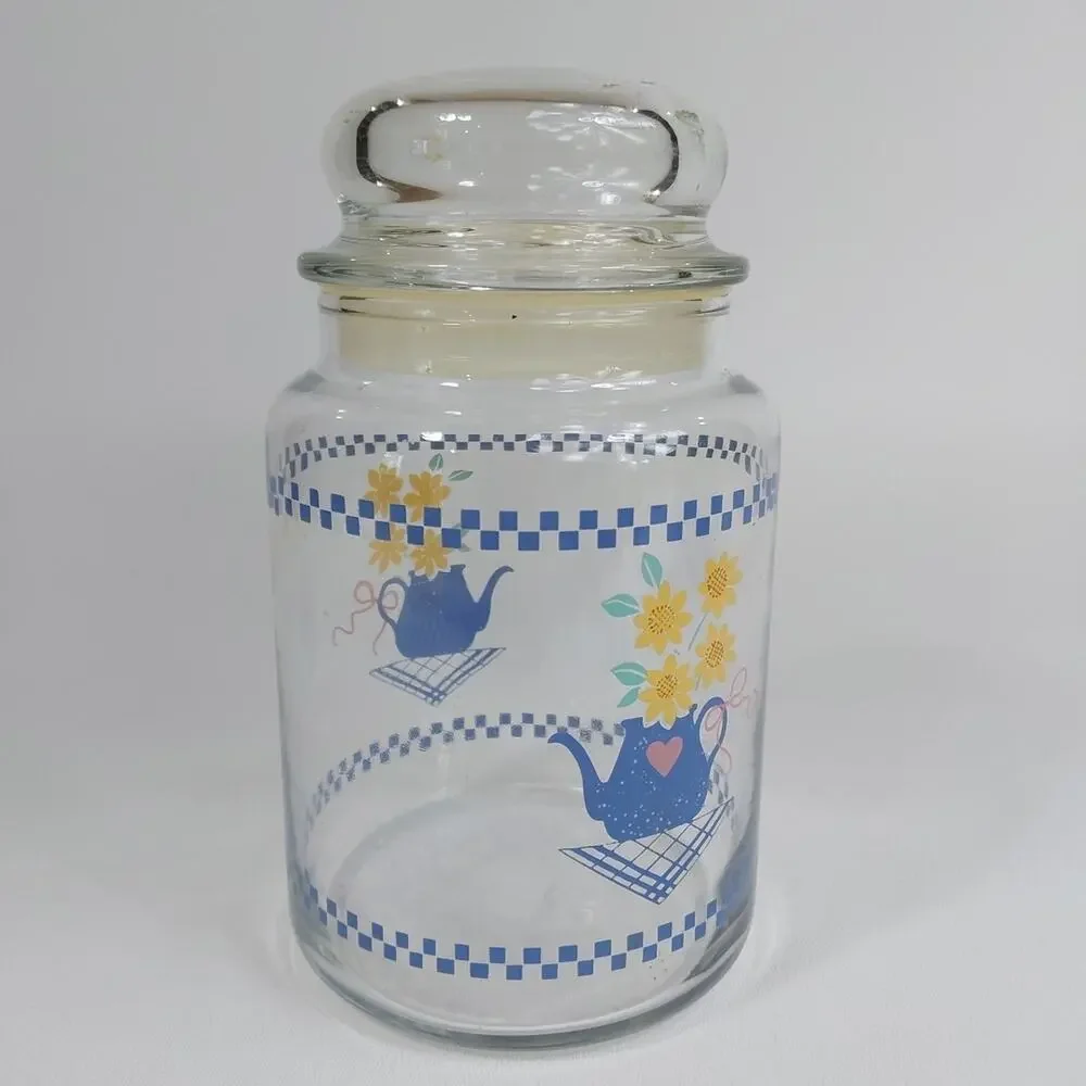 Vintage Hallmark 1986 Glass Cannister Blue‎ Teapot Pink Heart Yellow Daisy